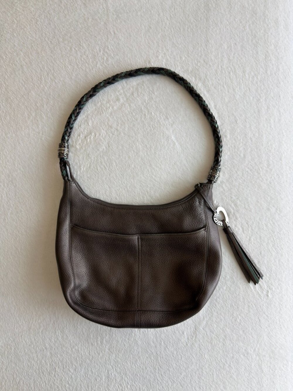 Brighton Pebbled Leather Hobo Shoulder Bag Silver Braided Strap Heart Charm